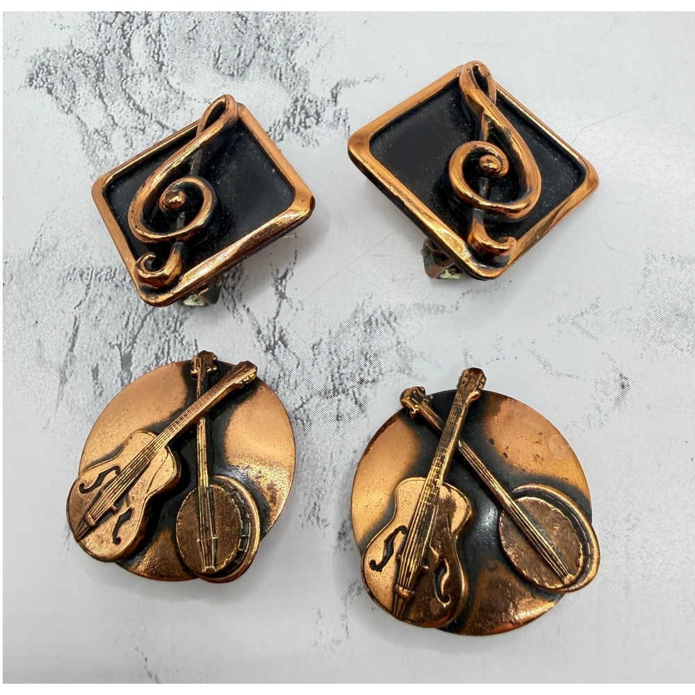 Set of 2 Copper Clip on Earrings Musical Treble Cleff Banjo Guitar Violin